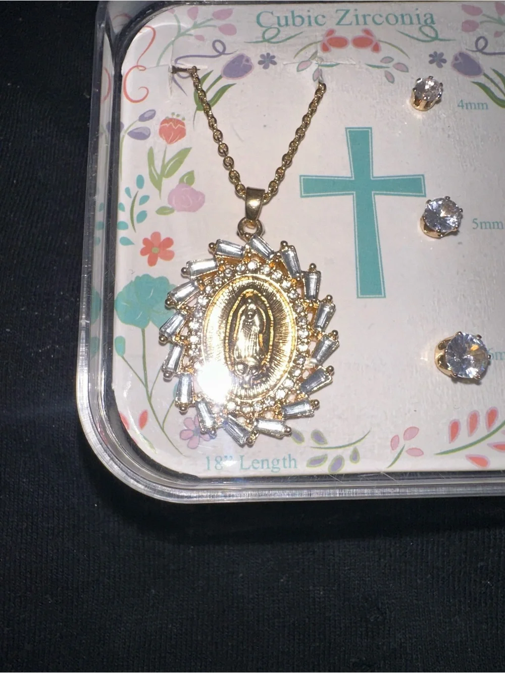 Virgin Mary Oval Pendant Necklace & CZ Stud Set — Gold Tone, 18